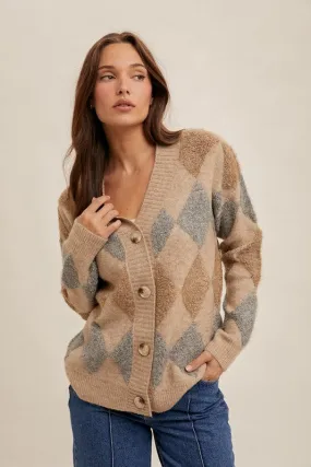 Light Mocha Diamond Pattern Button Down Sweater Cardigan