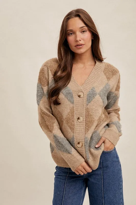 Light Mocha Diamond Pattern Button Down Sweater Cardigan