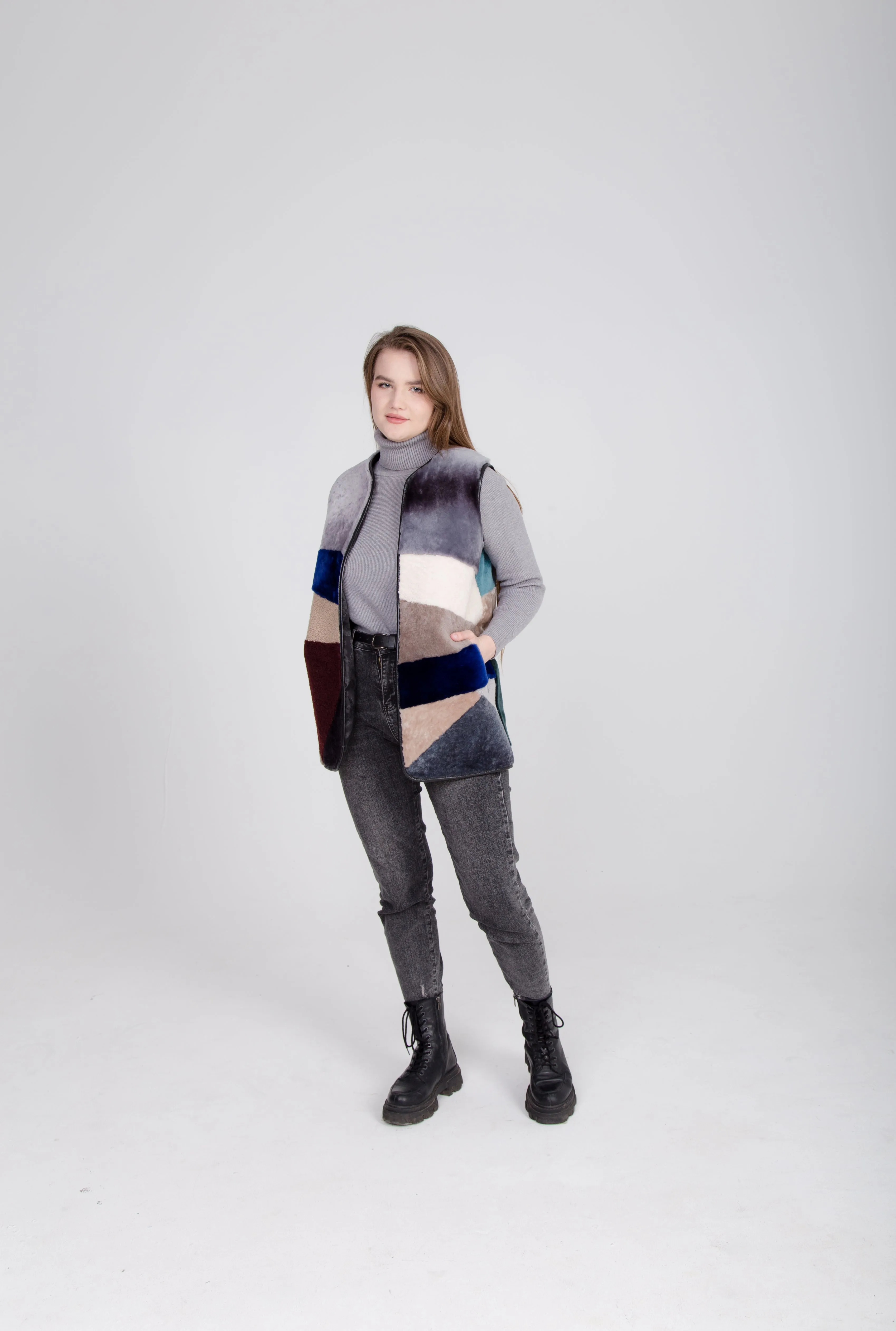 Long Patchwork Womens Shearling Gilet with Side Pockets