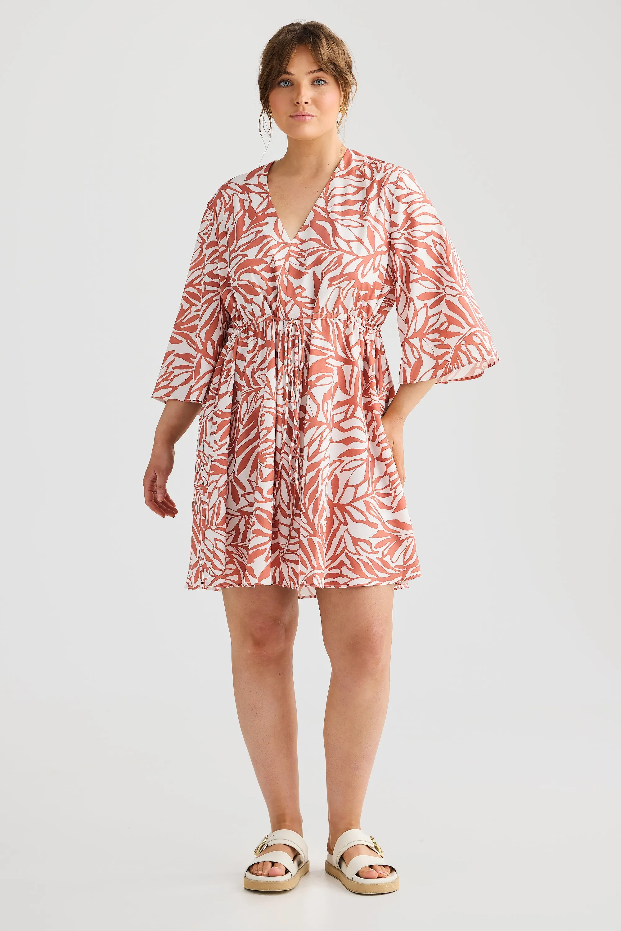 Long Sleeve Wrap Mini Dress - Terracotta Stencil