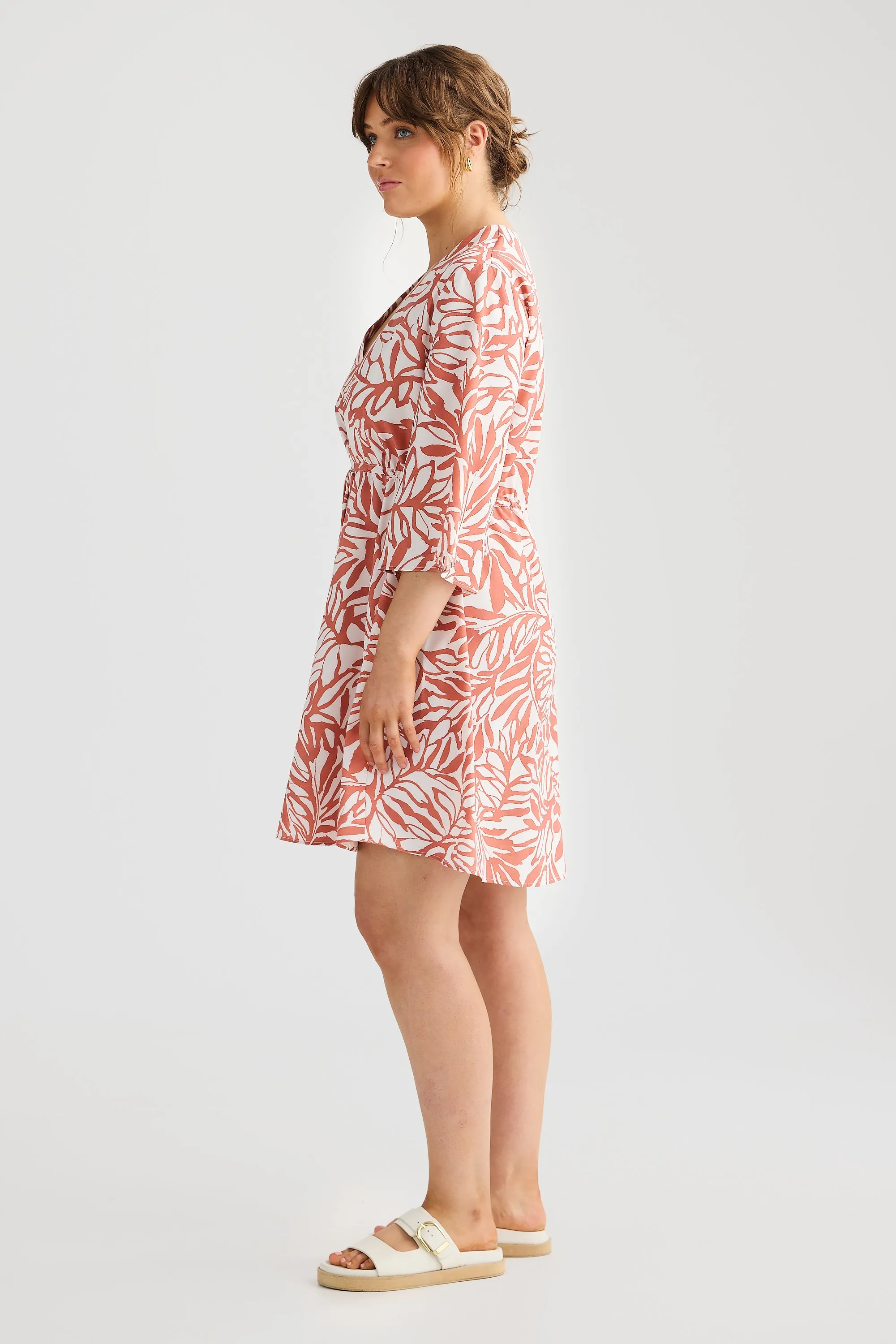 Long Sleeve Wrap Mini Dress - Terracotta Stencil