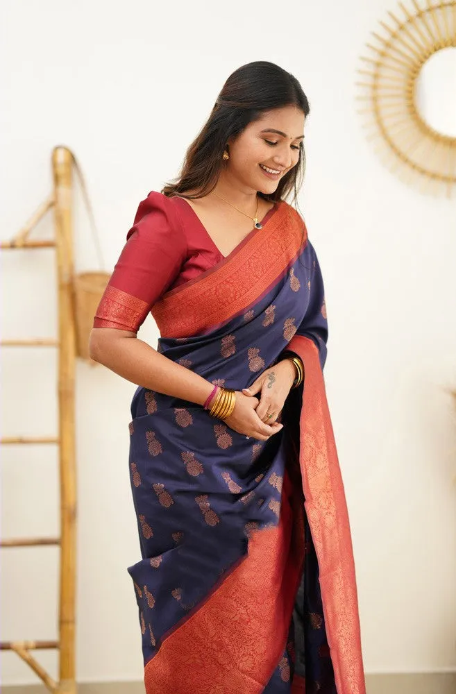 Magnetic Navy Blue Soft Banarasi Silk Saree With Confounding Blouse Piece