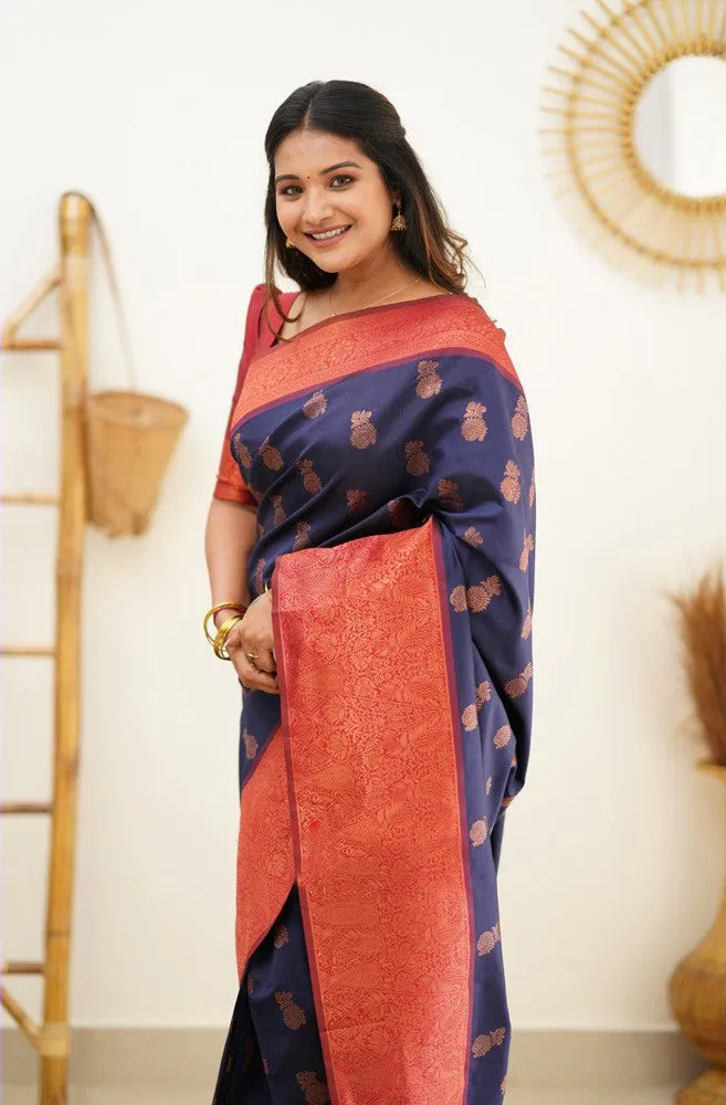 Magnetic Navy Blue Soft Banarasi Silk Saree With Confounding Blouse Piece