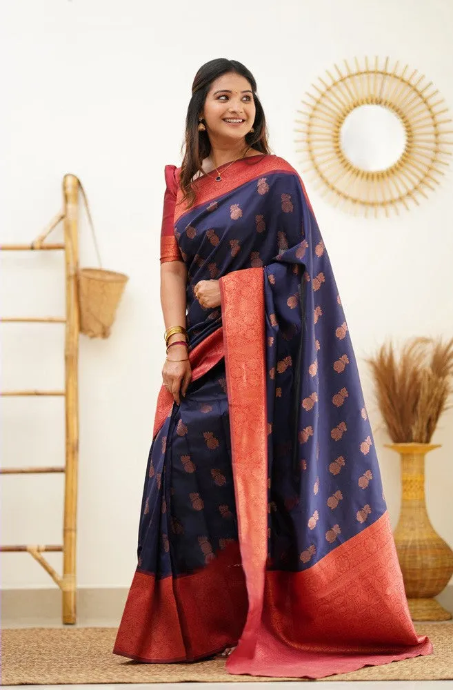 Magnetic Navy Blue Soft Banarasi Silk Saree With Confounding Blouse Piece