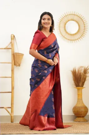 Magnetic Navy Blue Soft Banarasi Silk Saree With Confounding Blouse Piece