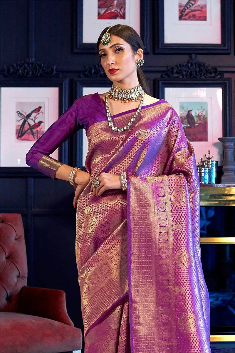 Mellifluous Purple Kanjivaram Silk Saree With Beautiful Blouse Piece