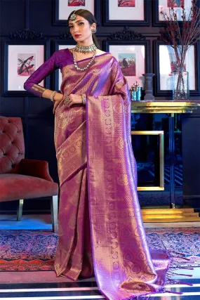 Mellifluous Purple Kanjivaram Silk Saree With Beautiful Blouse Piece