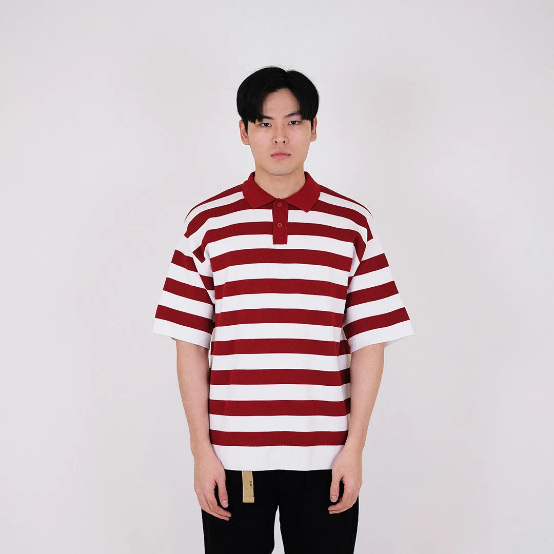 Men Oversized Stripe Polo Sweater - Dark Red - SM2311162B