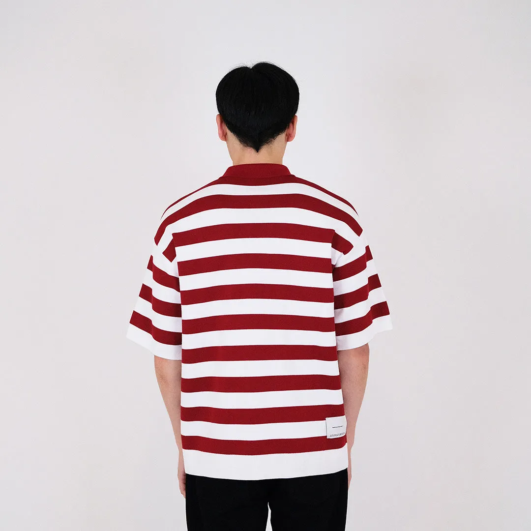 Men Oversized Stripe Polo Sweater - Dark Red - SM2311162B