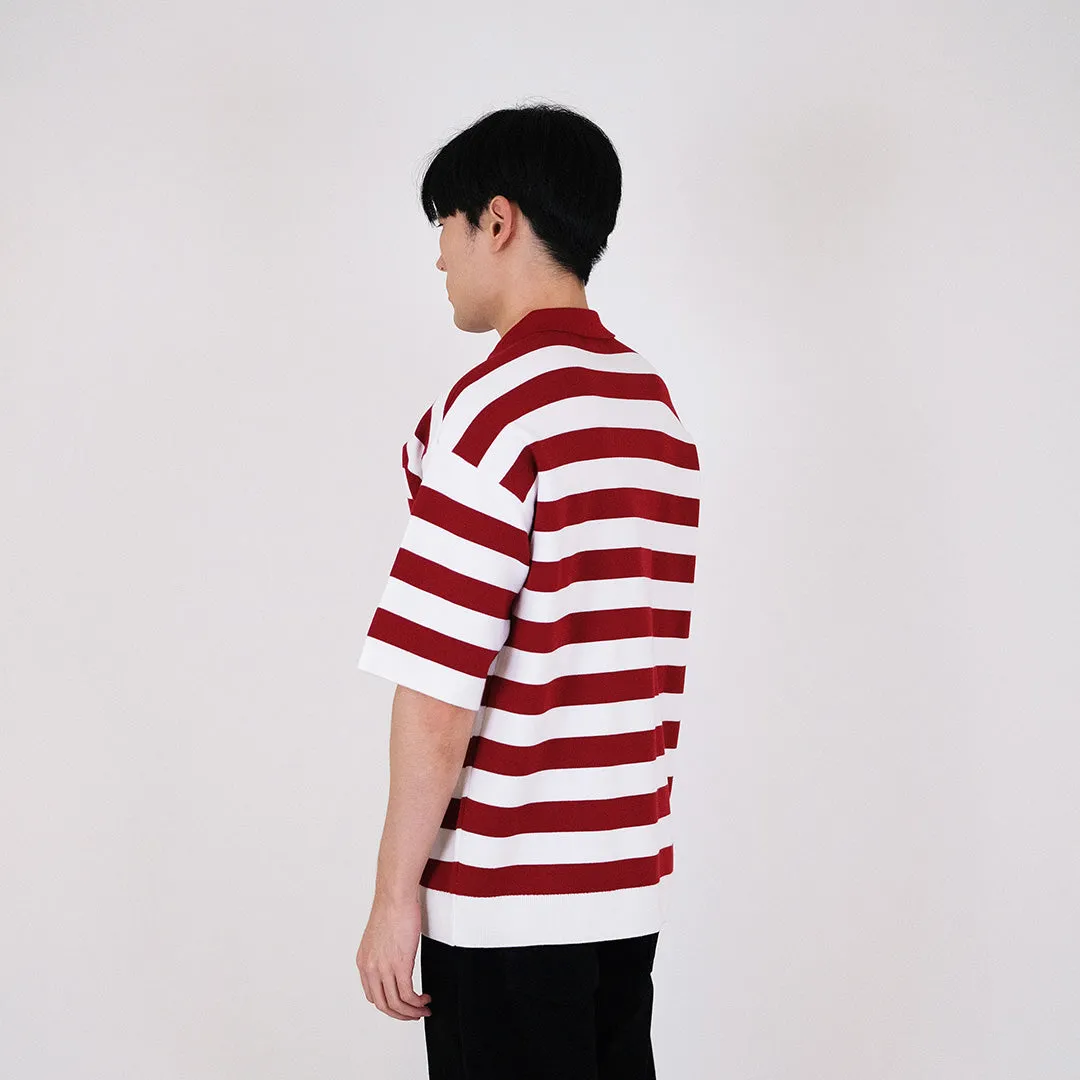 Men Oversized Stripe Polo Sweater - Dark Red - SM2311162B