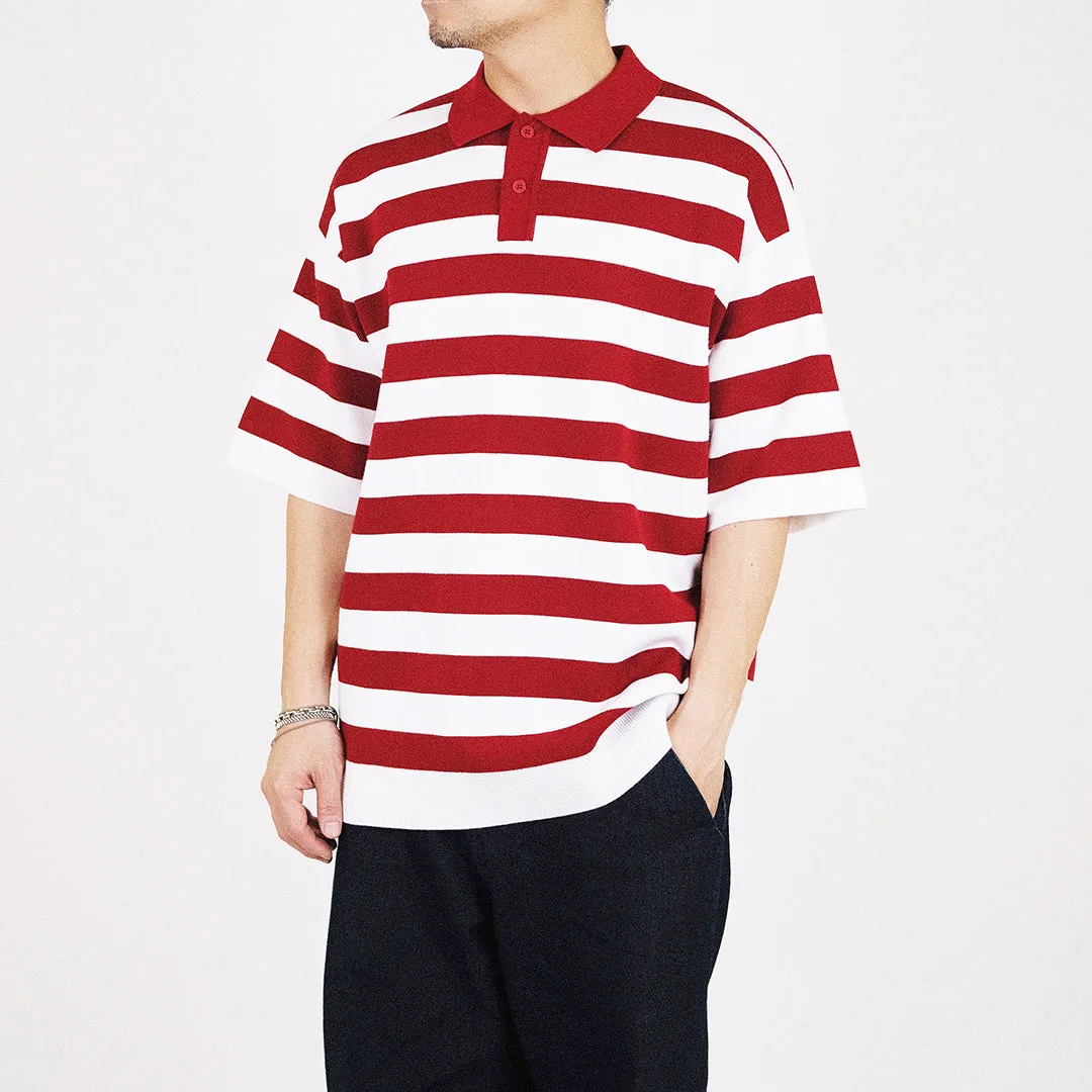 Men Oversized Stripe Polo Sweater - Dark Red - SM2311162B