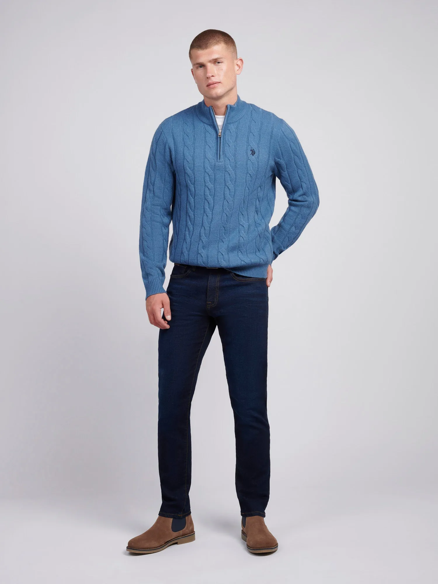 Mens Cable Knit Funnel Neck in Blue Horizon