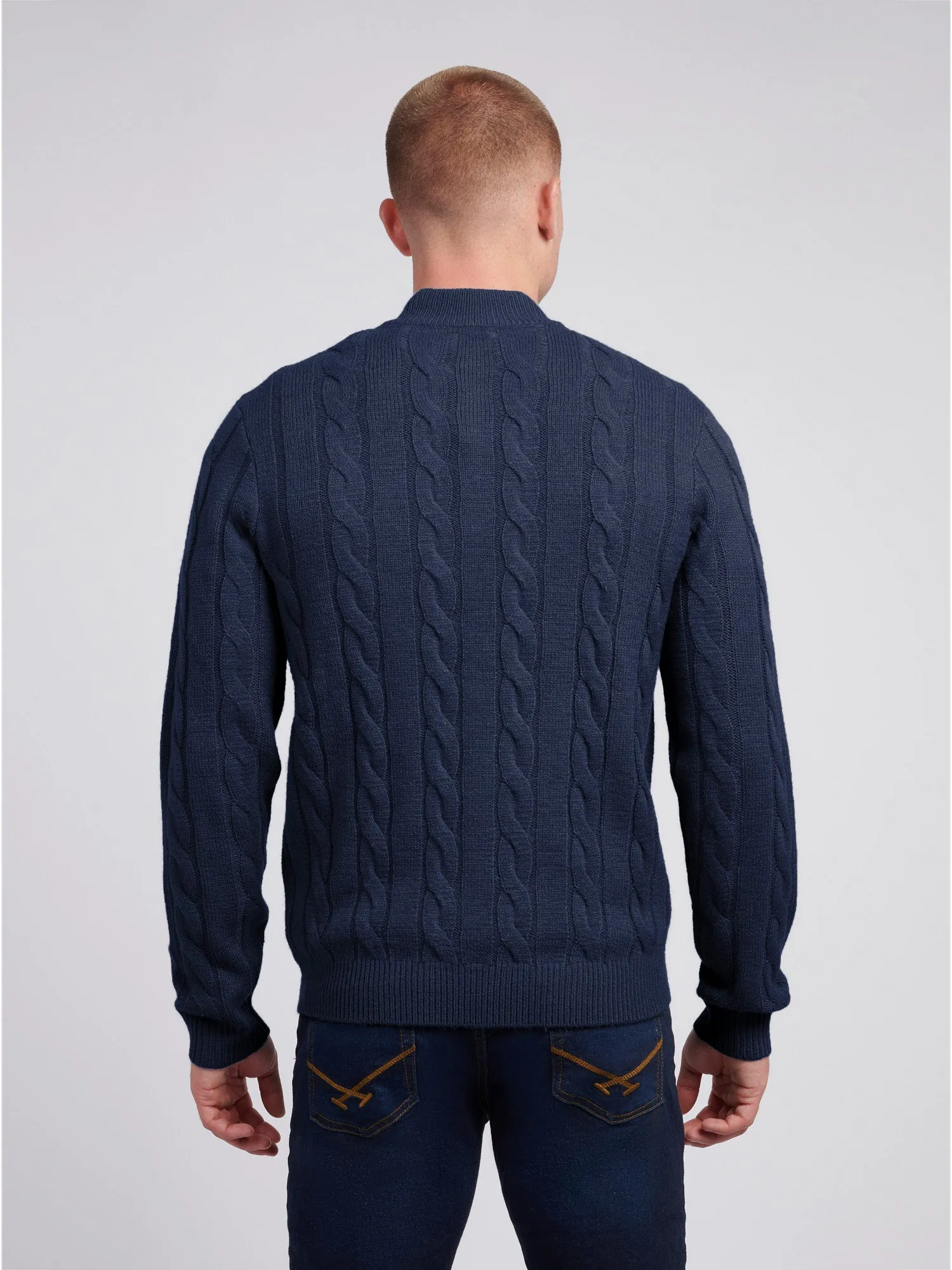 Mens Cable Knit Funnel Neck in Dark Sapphire Navy / Moonlight Blue DHM