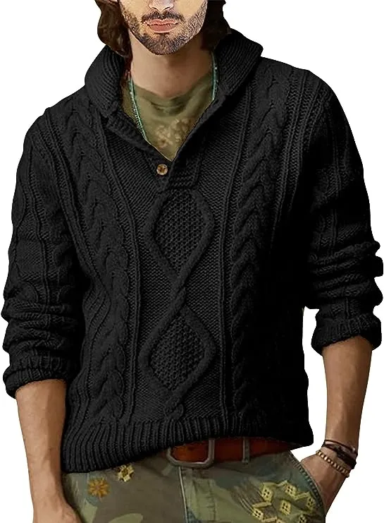 Men's Grey Cable Knit Long Sleeve Button Neck Sweater