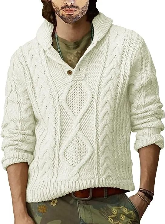 Men's Grey Cable Knit Long Sleeve Button Neck Sweater