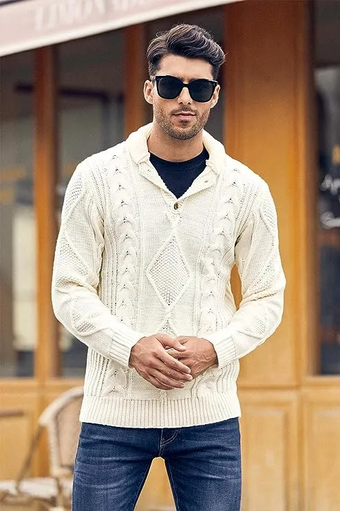 Men's Grey Cable Knit Long Sleeve Button Neck Sweater