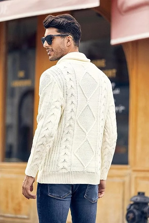 Men's Grey Cable Knit Long Sleeve Button Neck Sweater