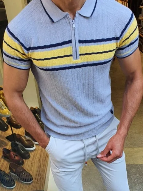 Men's knitted polo shirt spring and summer slim contrast color sweater casual striped short-sleeved shirt