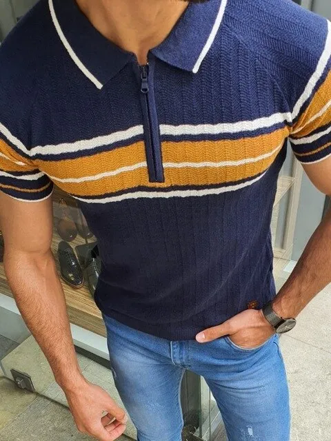 Men's knitted polo shirt spring and summer slim contrast color sweater casual striped short-sleeved shirt