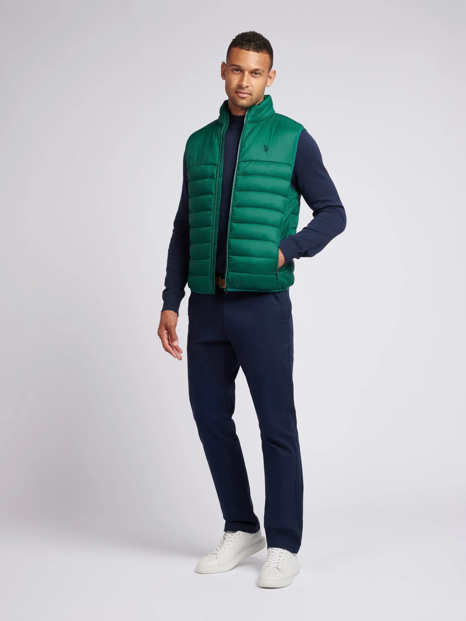 Mens Panelled Quilted Gilet in Rain Forest