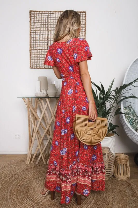 Mercury Printed Bardot Wrap Maxi Dress