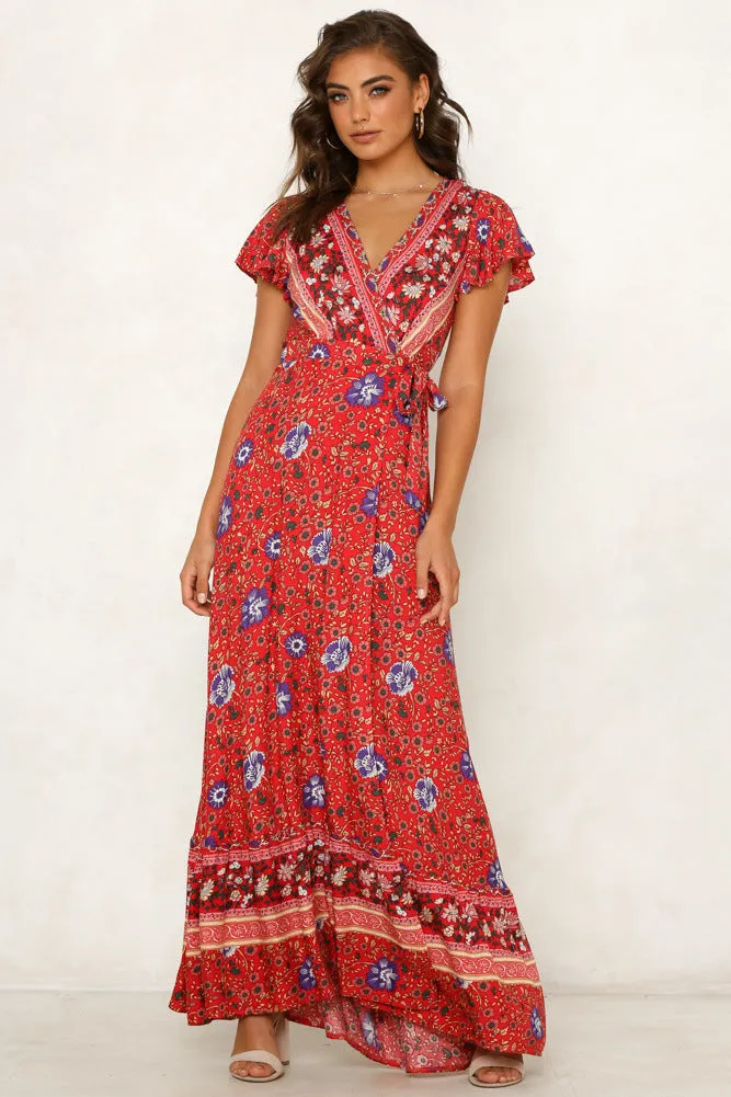 Mercury Printed Bardot Wrap Maxi Dress