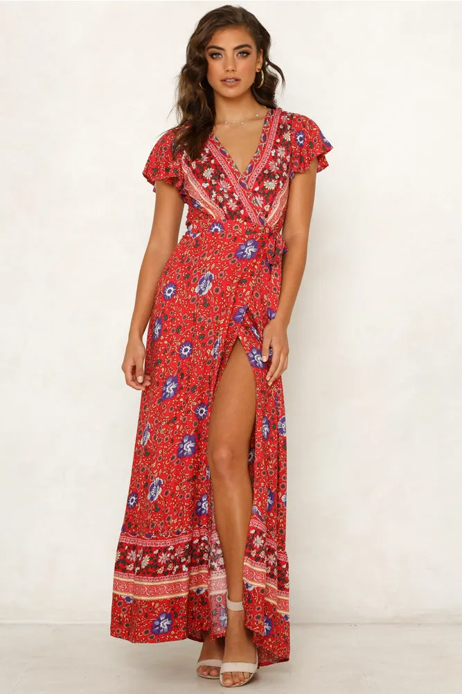 Mercury Printed Bardot Wrap Maxi Dress