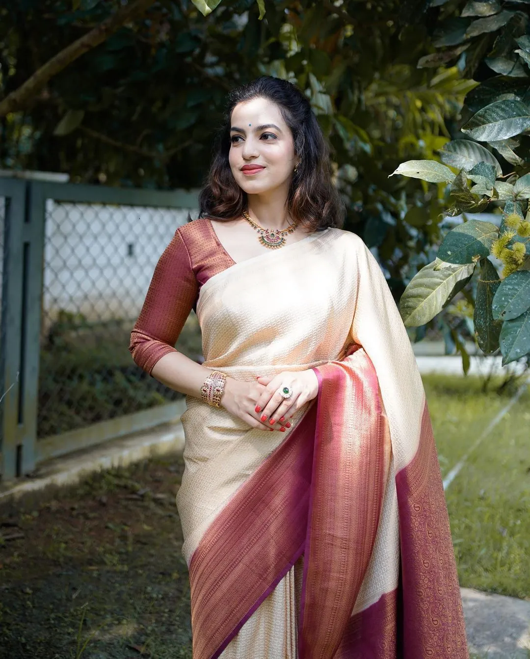 Murmurous Beige Soft Banarasi Silk Saree With Nemesis Blouse Piece