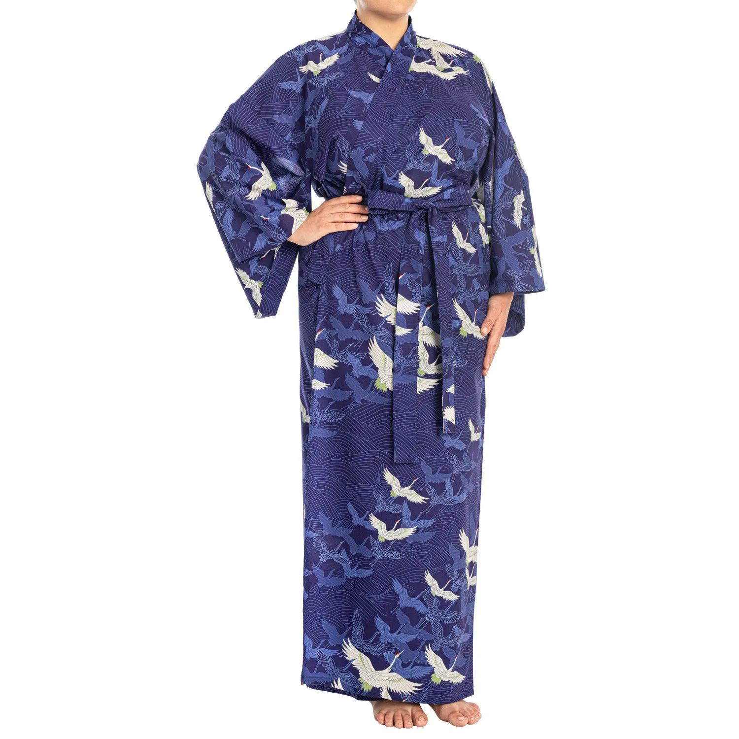 Navy Blue Crane Long Japanese Cotton Kimono XL