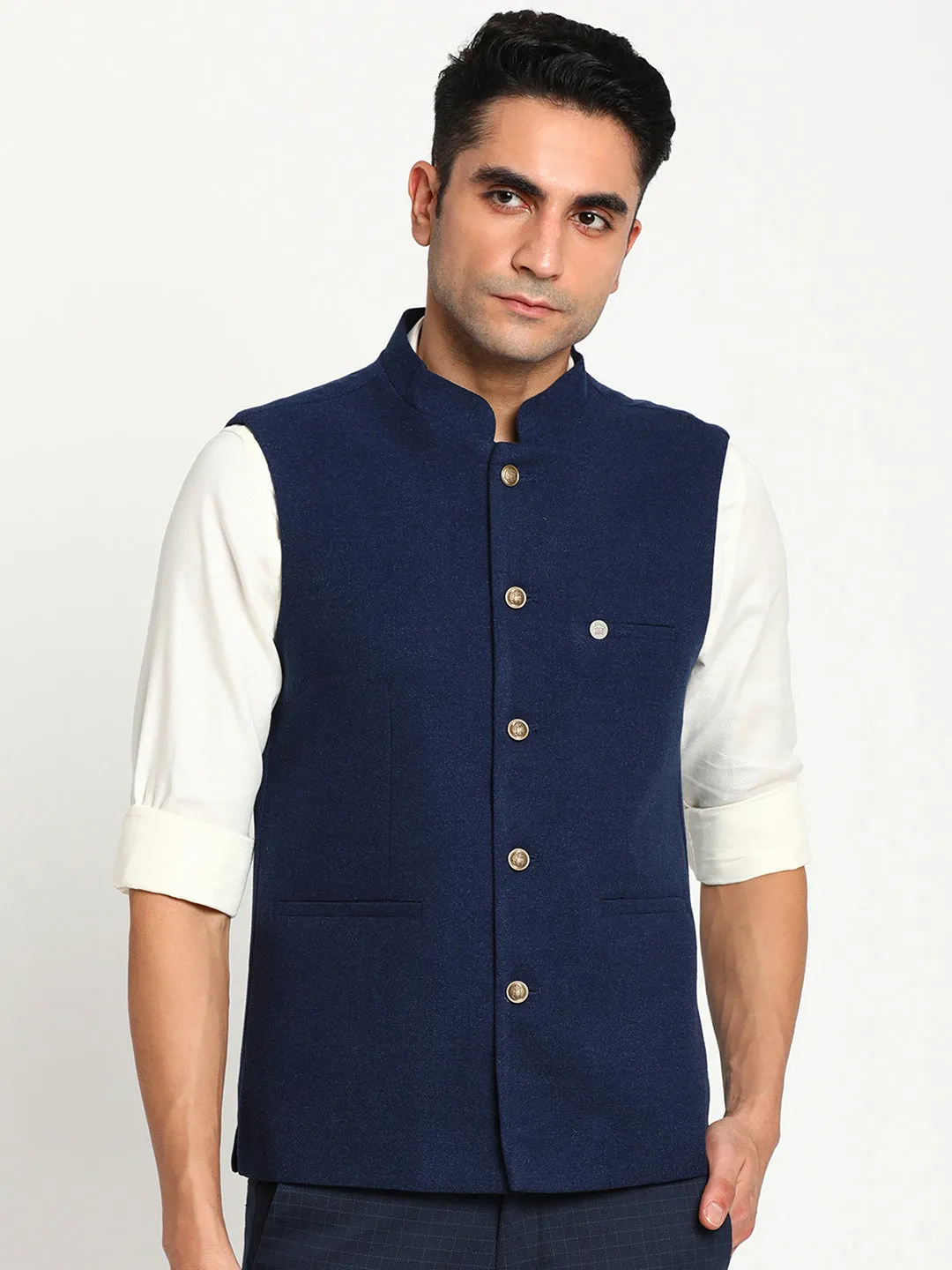 Navy Blue Solid Nehru Jacket