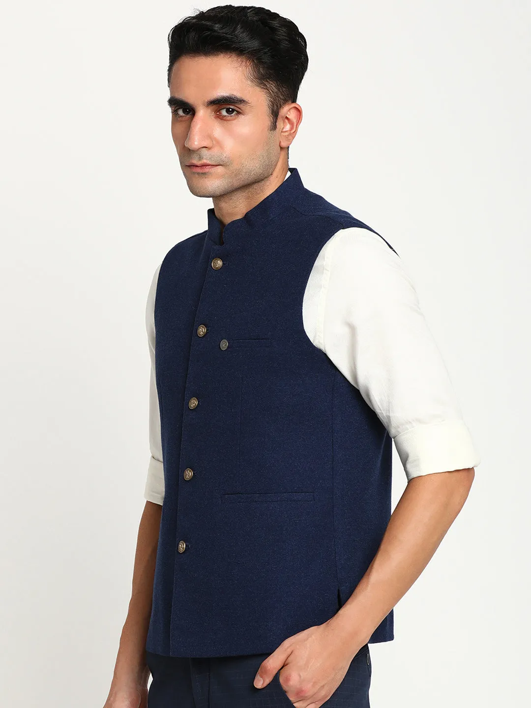 Navy Blue Solid Nehru Jacket