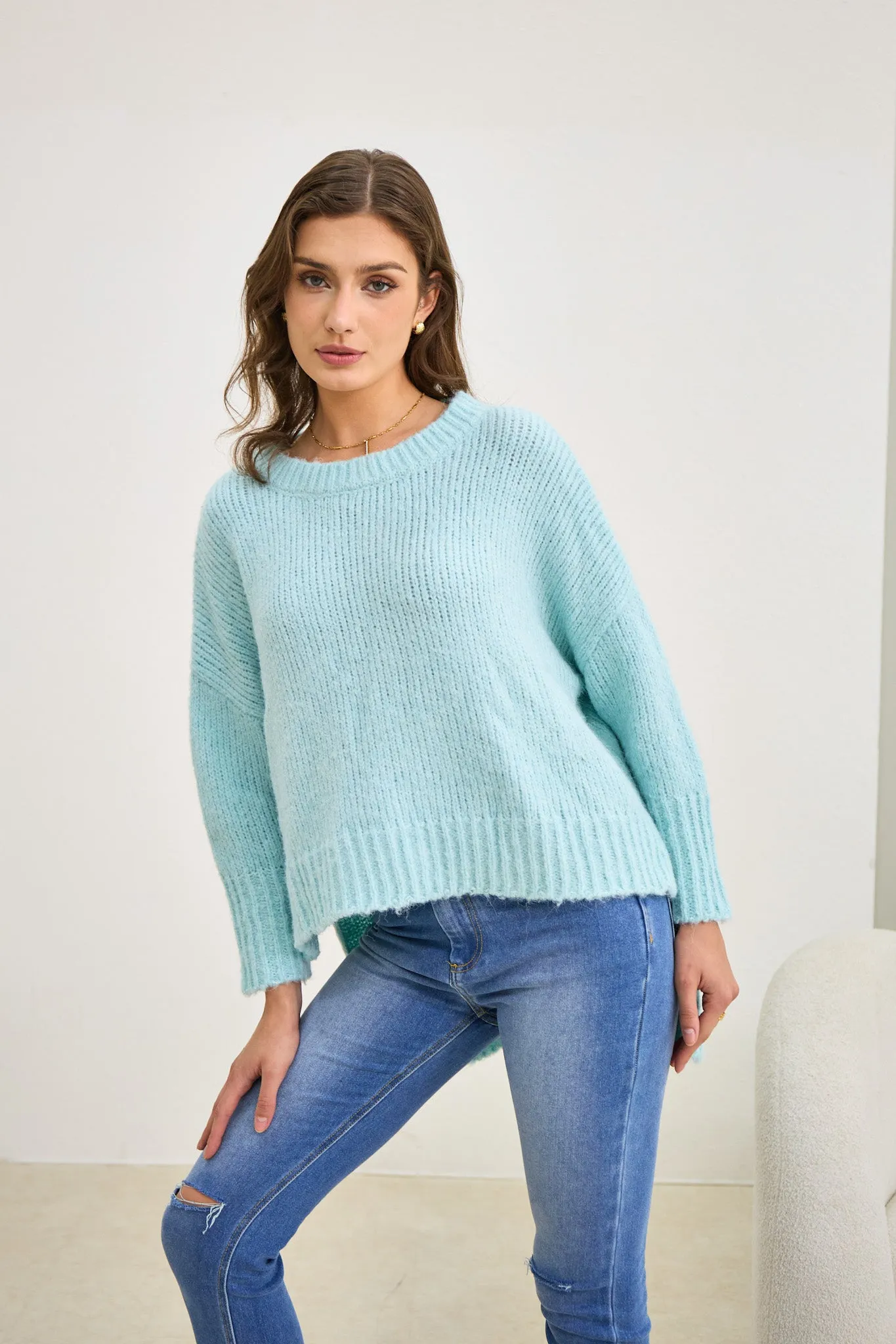 Nora Blue Step Hem Knit Sweater