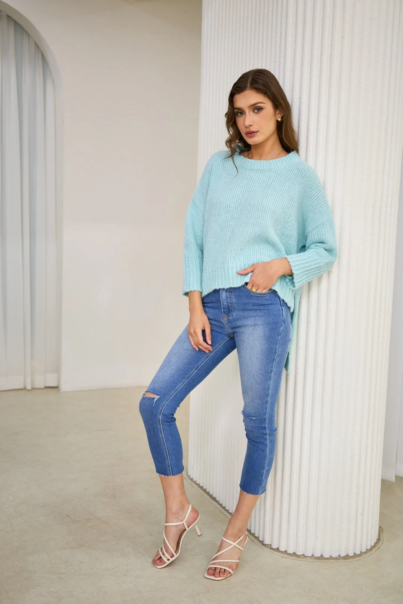 Nora Blue Step Hem Knit Sweater