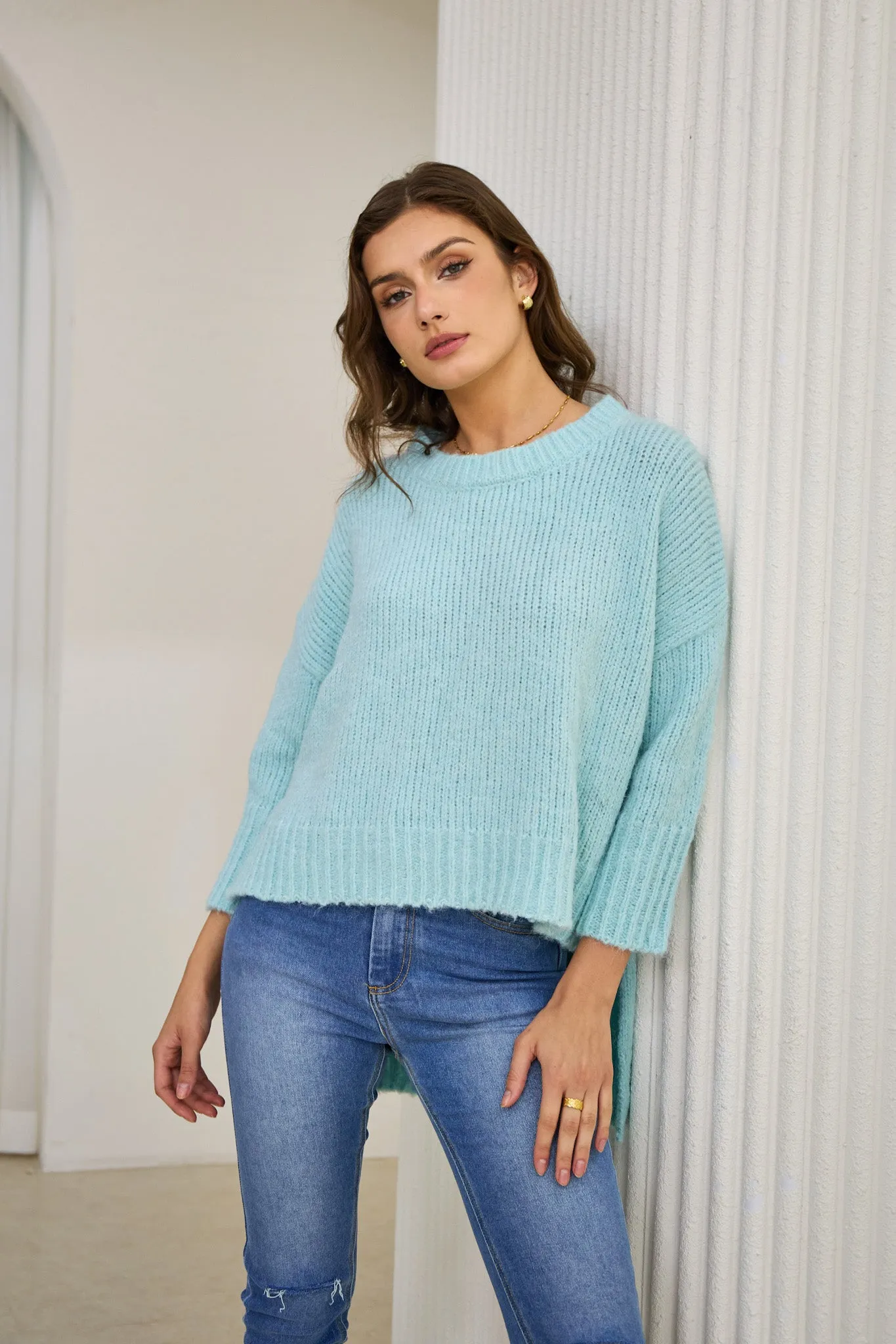 Nora Blue Step Hem Knit Sweater