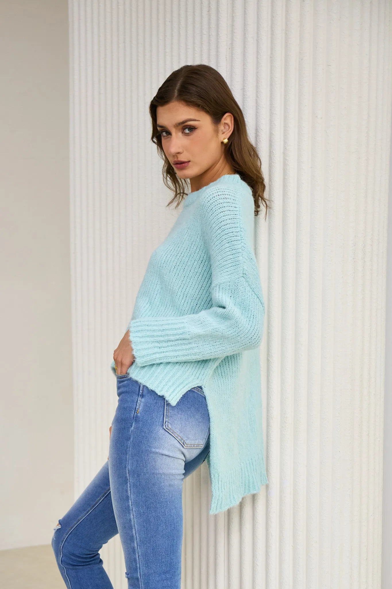 Nora Blue Step Hem Knit Sweater