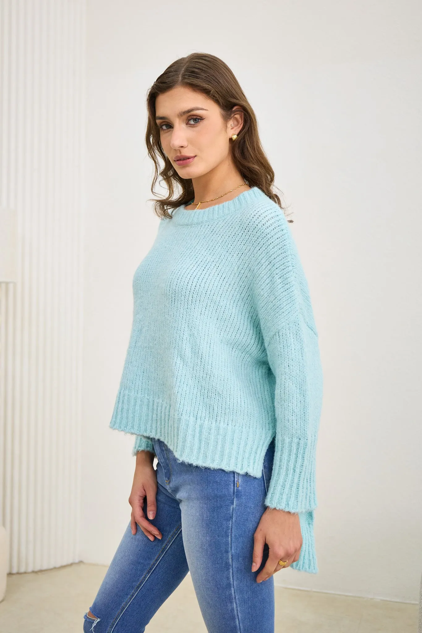 Nora Blue Step Hem Knit Sweater