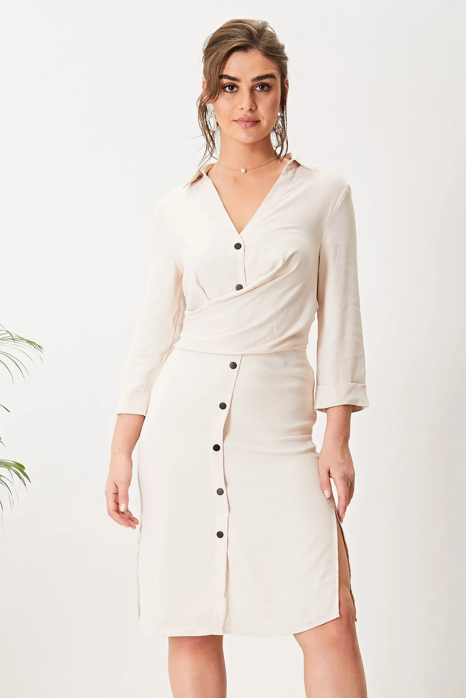 Nude Satin Lined Midi Shirt Dress