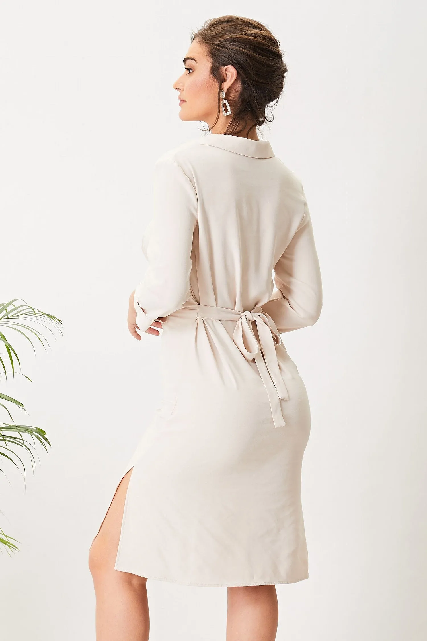 Nude Satin Lined Midi Shirt Dress