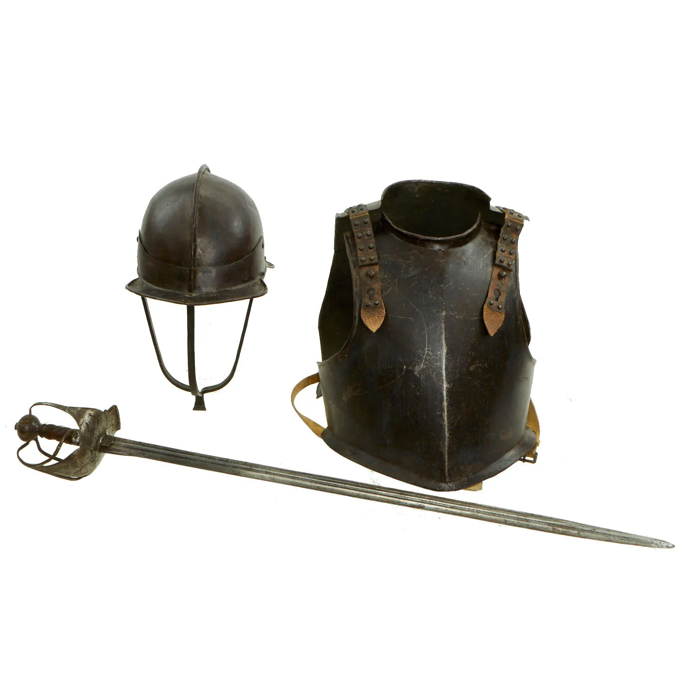 Original British 17th Century English Civil War Harquebusier Cavalry Half Armor Set With Sword - Circa 1640