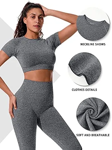 OYS Womens Yoga 2 Pieces Workout Outfits Seamless High Waist leggings Sports Crop Top Running Sets grey