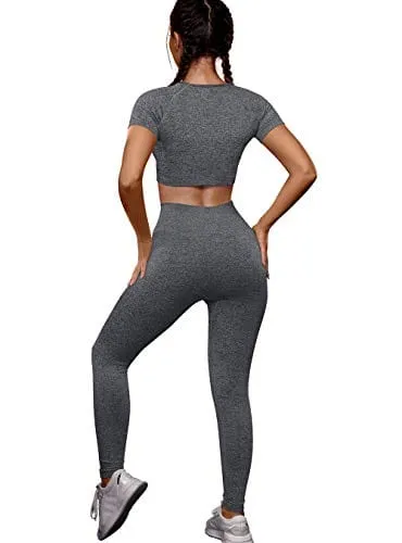 OYS Womens Yoga 2 Pieces Workout Outfits Seamless High Waist leggings Sports Crop Top Running Sets grey