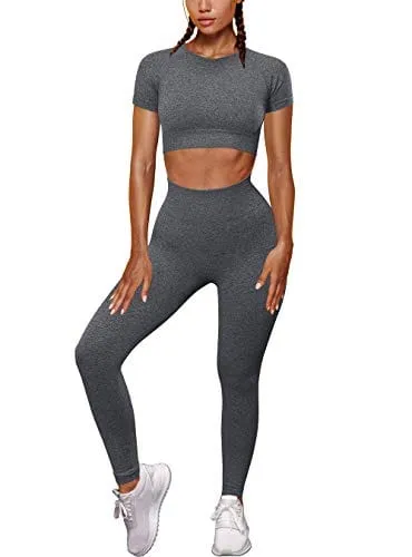 OYS Womens Yoga 2 Pieces Workout Outfits Seamless High Waist leggings Sports Crop Top Running Sets grey