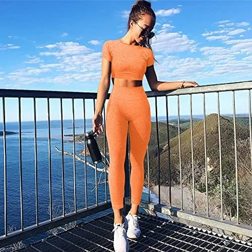 OYS Womens Yoga 2 Pieces Workout Outfits Seamless High Waist Leggings Sports Crop Top Running Sets Orange