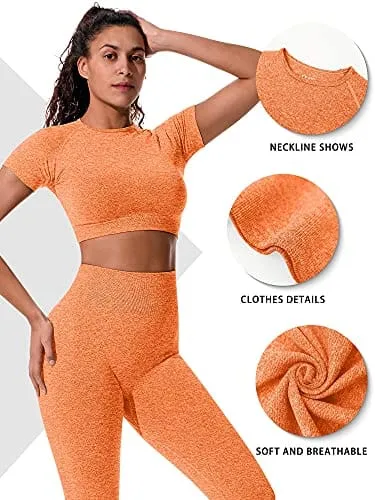 OYS Womens Yoga 2 Pieces Workout Outfits Seamless High Waist Leggings Sports Crop Top Running Sets Orange