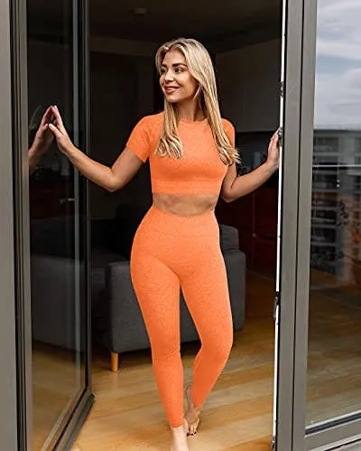 OYS Womens Yoga 2 Pieces Workout Outfits Seamless High Waist Leggings Sports Crop Top Running Sets Orange