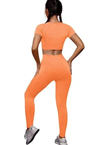 OYS Womens Yoga 2 Pieces Workout Outfits Seamless High Waist Leggings Sports Crop Top Running Sets Orange