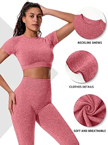 OYS Womens Yoga 2 Pieces Workout Outfits Seamless High Waist leggings Sports Crop Top Running Sets Pink