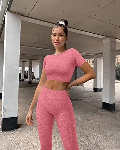 OYS Womens Yoga 2 Pieces Workout Outfits Seamless High Waist leggings Sports Crop Top Running Sets Pink