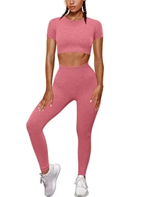 OYS Womens Yoga 2 Pieces Workout Outfits Seamless High Waist leggings Sports Crop Top Running Sets Pink