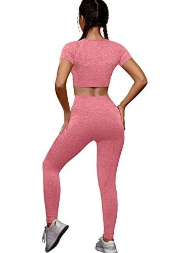 OYS Womens Yoga 2 Pieces Workout Outfits Seamless High Waist leggings Sports Crop Top Running Sets Pink